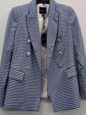 J & L Atelier Blue and White Gingham Double-Breasted Blazer
